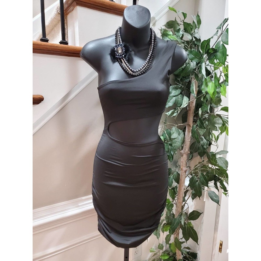Women's Solid Black‎ Polyester One Shoulder Off Casual Knee Length Dress Small